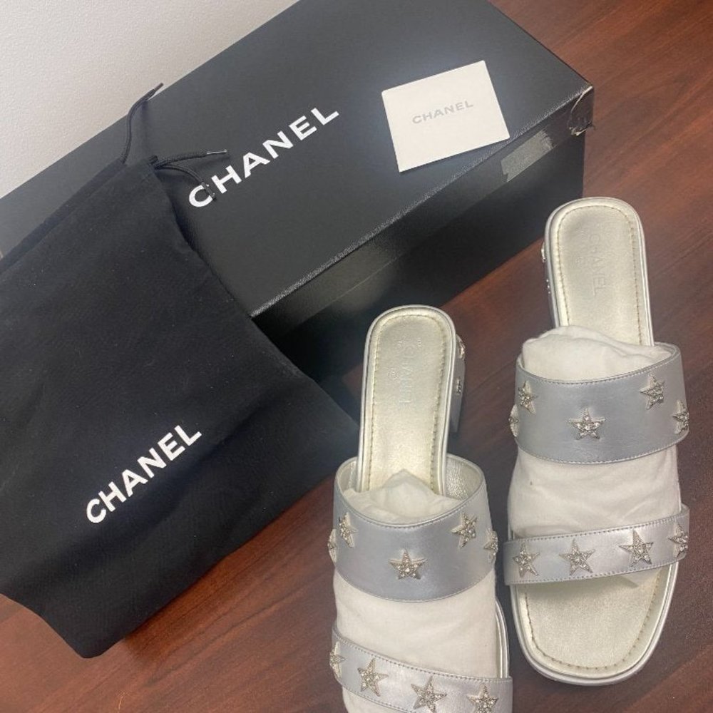 AUTHENTIC Silver Size 41.5 Chanel Mules